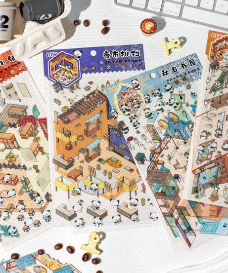Traditional Chinese Architecture Sticker Scene: Dim Sum|Hot Spring|Night Market|Bookstore