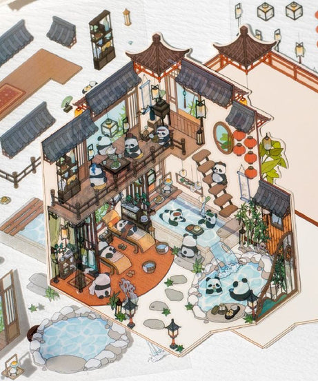 Traditional Chinese Architecture Sticker Scene: Dim Sum|Hot Spring|Night Market|Bookstore