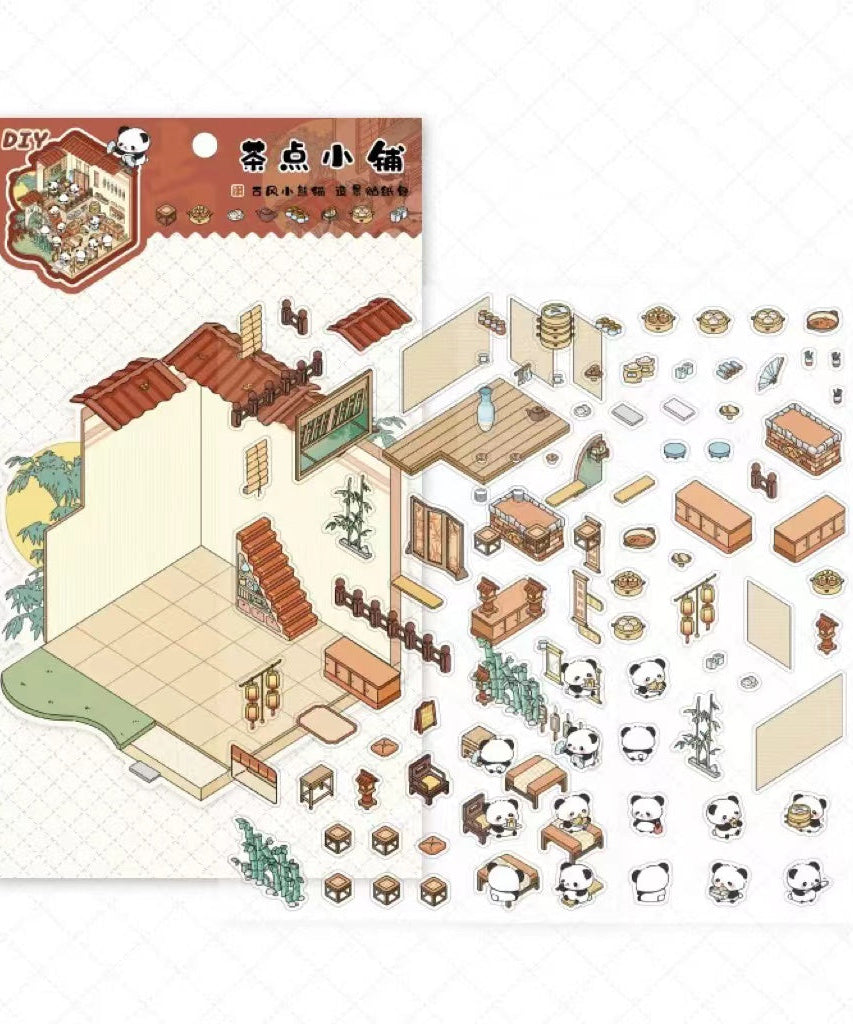 Traditional Chinese Architecture Sticker Scene: Dim Sum|Hot Spring|Night Market|Bookstore