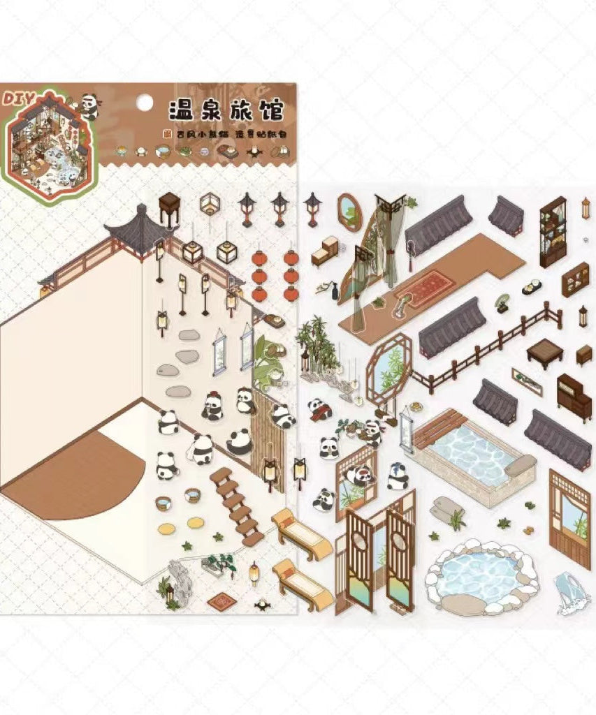 Traditional Chinese Architecture Sticker Scene: Dim Sum|Hot Spring|Night Market|Bookstore
