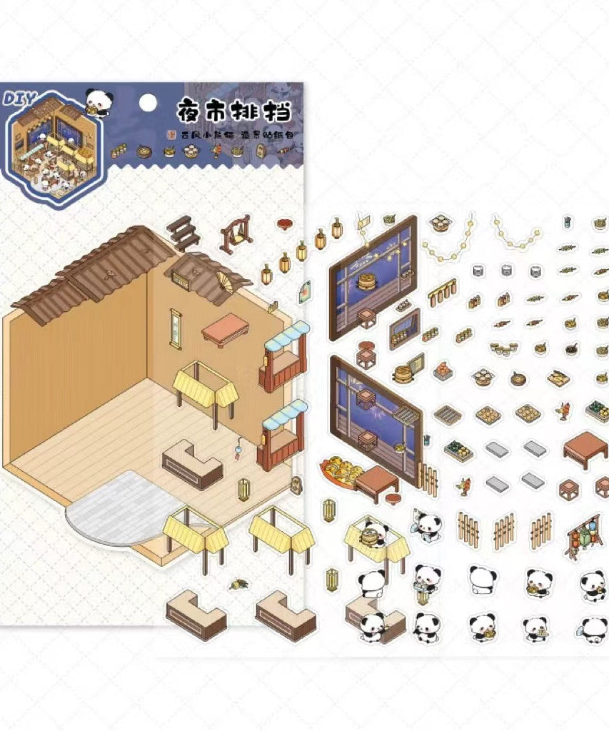 Traditional Chinese Architecture Sticker Scene: Dim Sum|Hot Spring|Night Market|Bookstore