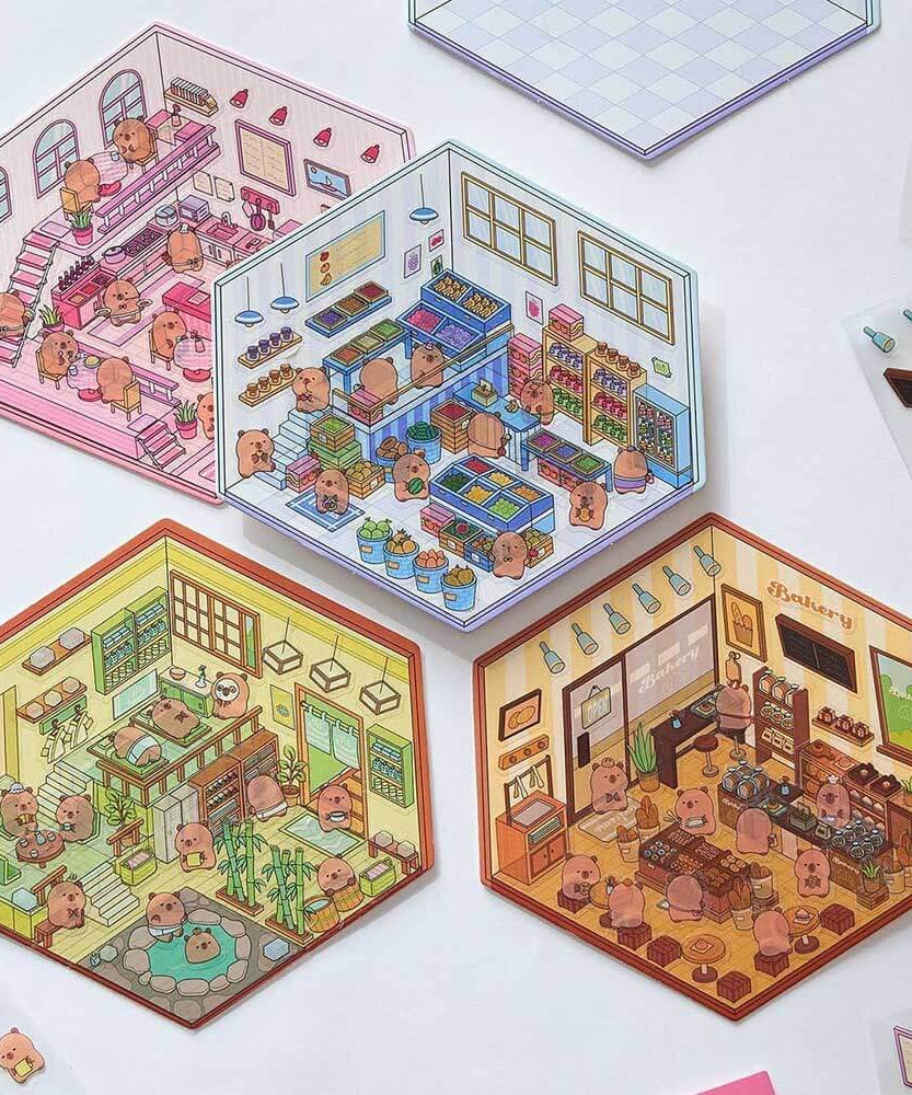 Capybara Diary DIY 3D Scene Stickers 4 Cute Miniature Scenes