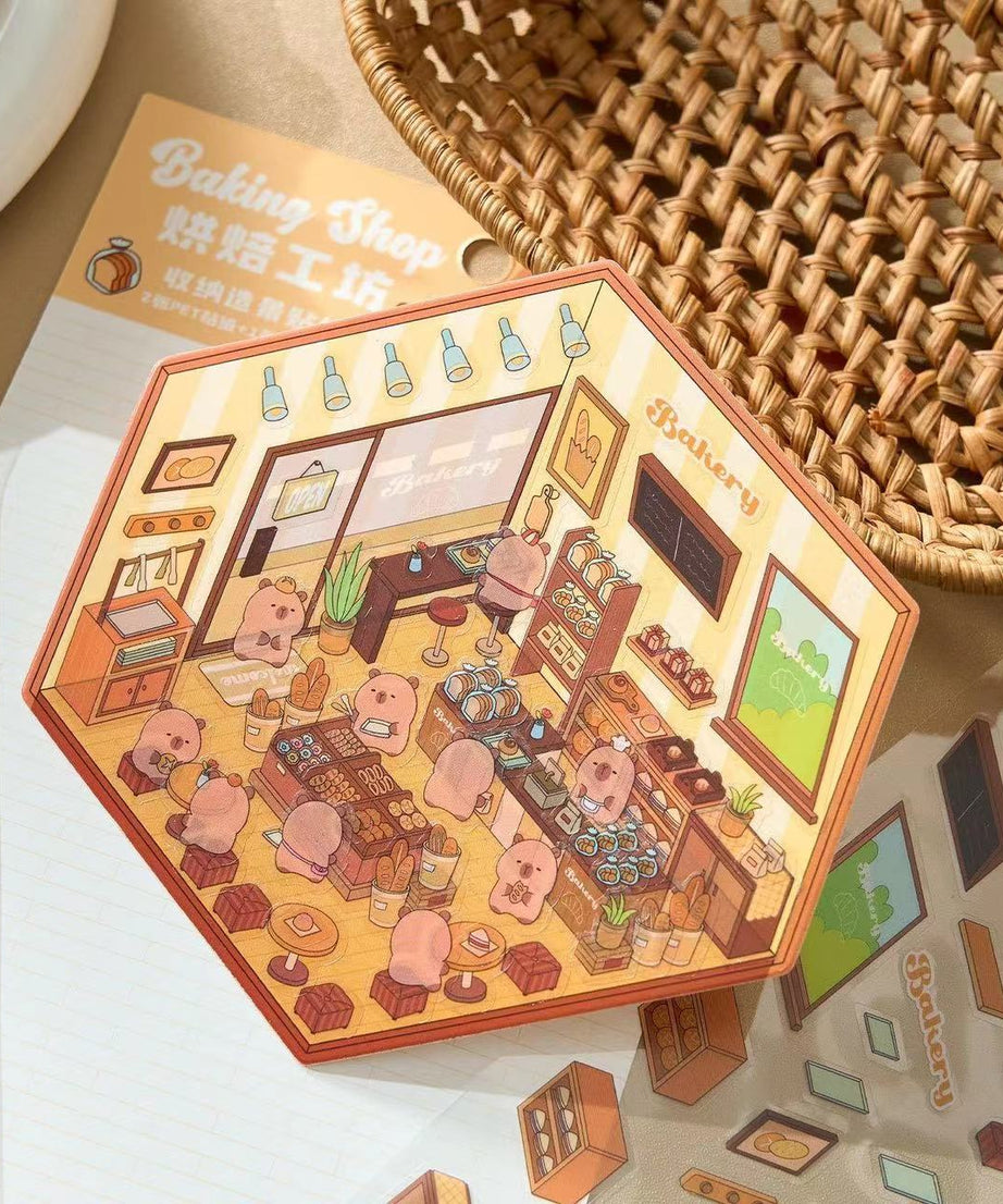 DIY Capybara Stickers Scene: Cute Animal Restaurant|Hot Spring|Baking Shop|Fruit Shop