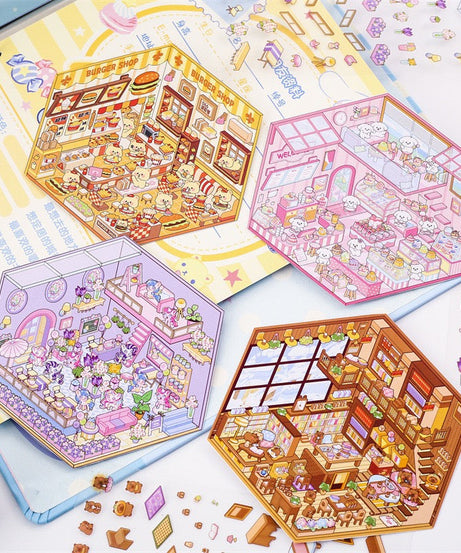 Capybara Supermarket Pink Pony House Bear Bakery Puppy Restaurant Sticker Scene
