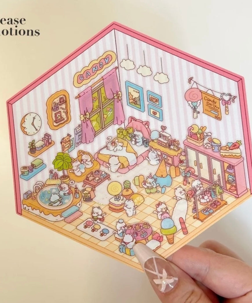 3D Sticker Scene,Make a Sunshine Greenhouse|Coffee Shop|Candy House|Clothing Shop