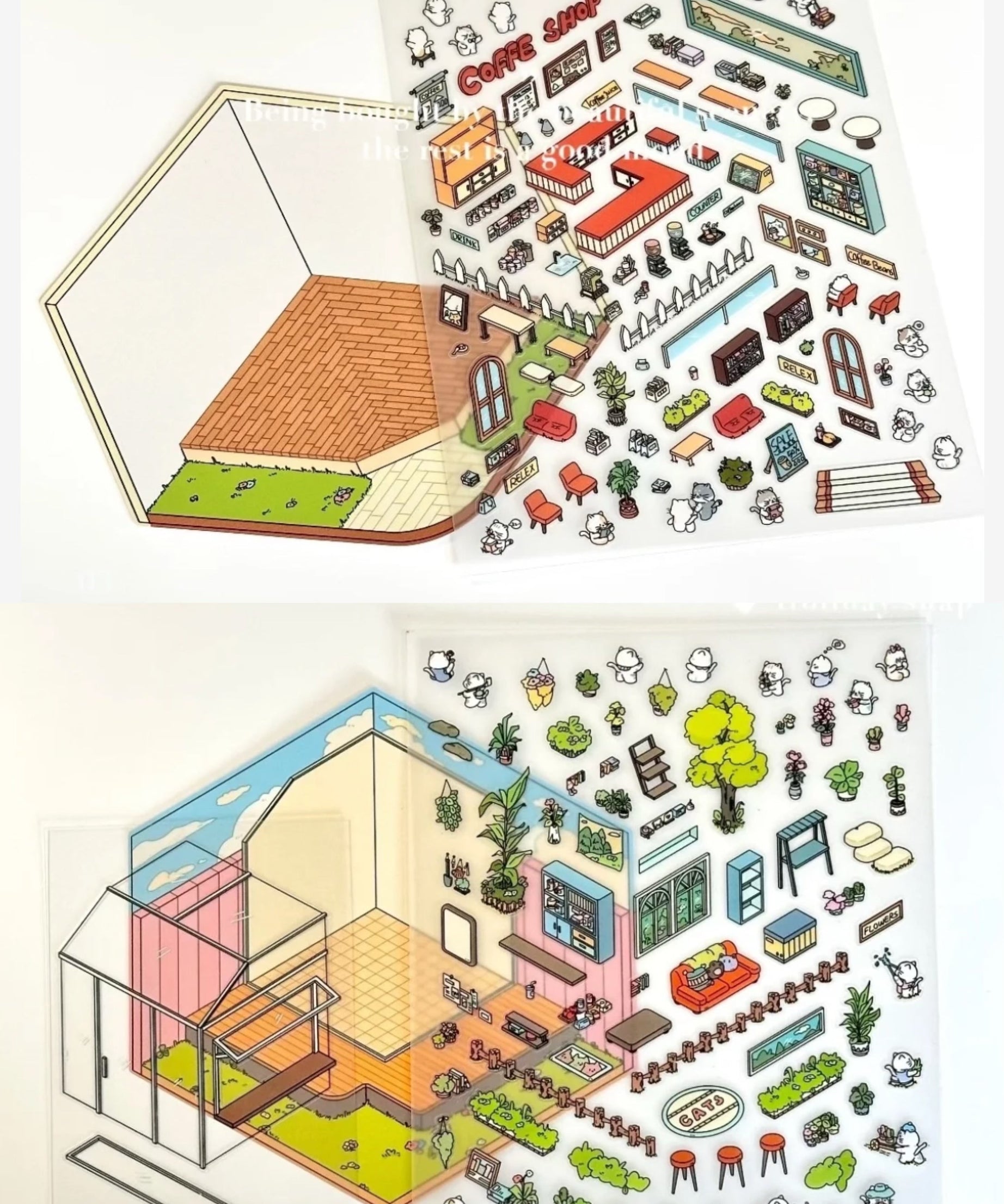3D Sticker Scene,Make a Sunshine Greenhouse|Coffee Shop|Candy House|Clothing Shop