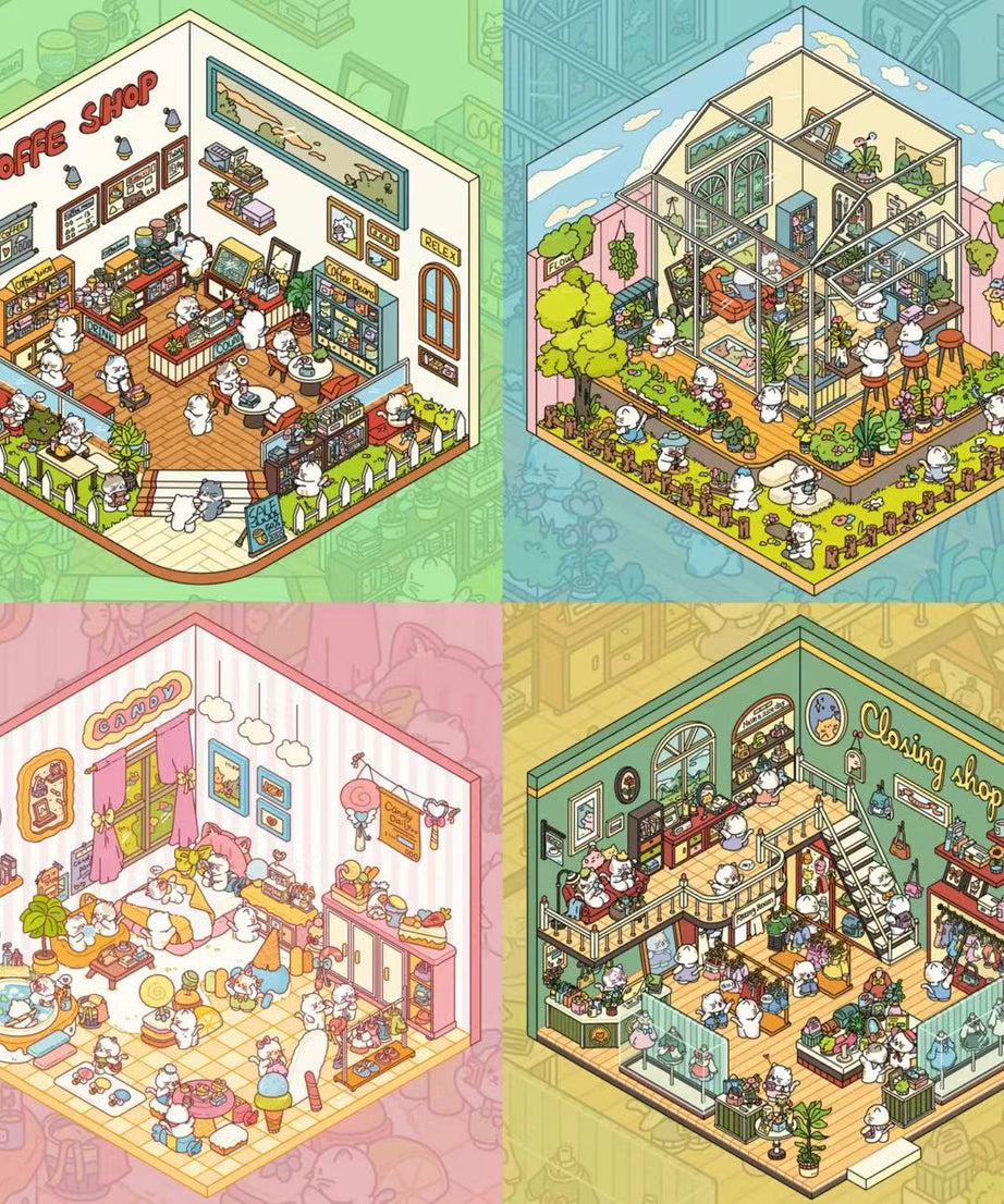 3D Sticker Scene,Make a Sunshine Greenhouse|Coffee Shop|Candy House|Clothing Shop