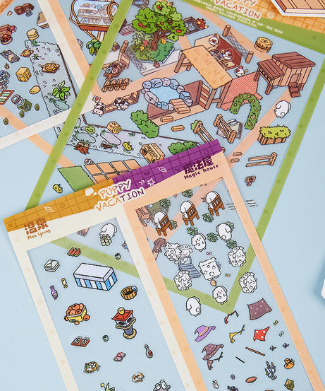 Puppy Sticker Scenes! Create your Own Four Puppy Library|Cinema|Resort|Market