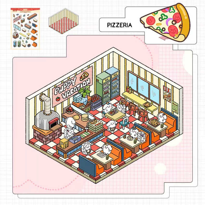Puppy Sticker Scenes! Create your Own Four Puppy Library|Cinema|Resort|Market