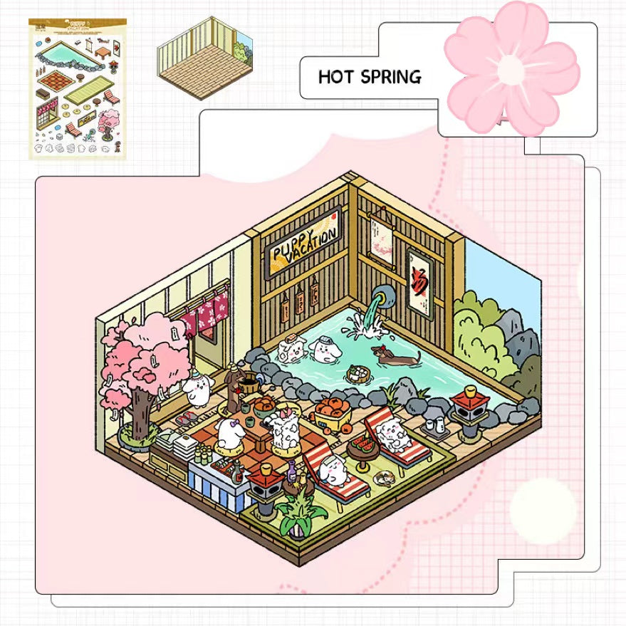 Puppy Sticker Scenes! Create your Own Four Puppy Library|Cinema|Resort|Market
