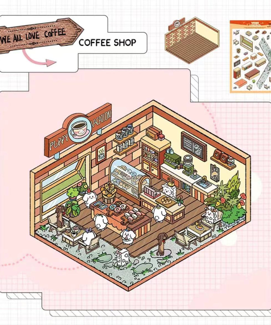 Puppy Sticker Scenes! Create your Own Four Puppy Library|Cinema|Resort|Market