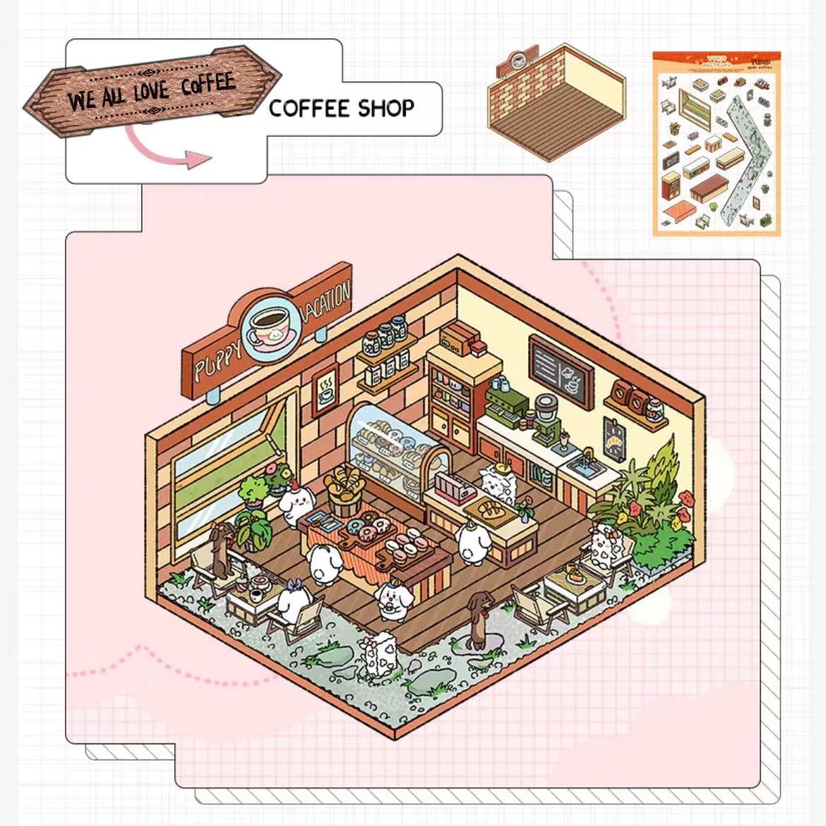 Puppy Sticker Scenes! Create your Own Four Puppy Library|Cinema|Resort|Market