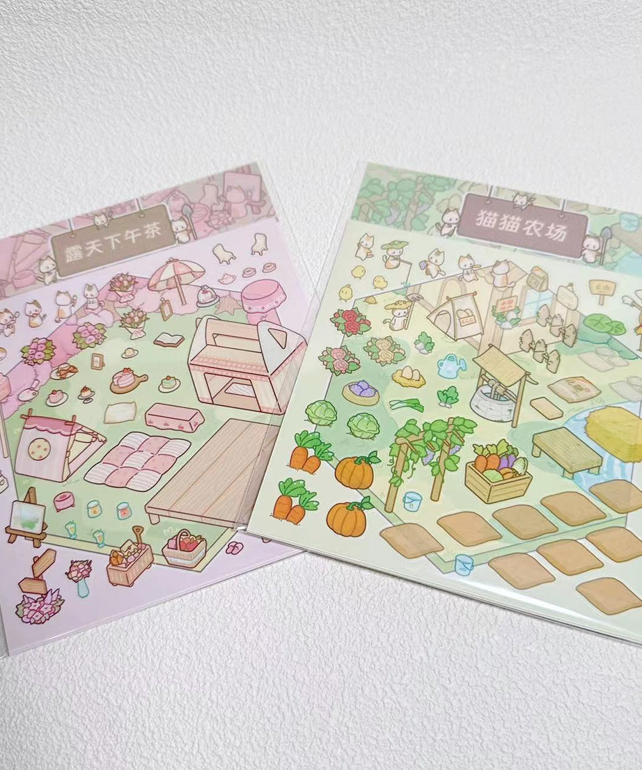 DIY Miniature Sticker Scene,Cat Burger Shop|Ferris Wheel Sushi|Hot Spring|Pizza Shop