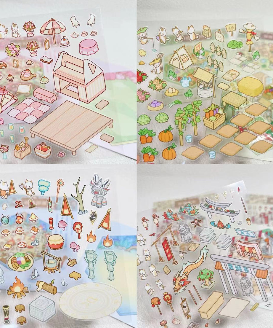 DIY Miniature Sticker Scene,Cat Burger Shop|Ferris Wheel Sushi|Hot Spring|Pizza Shop