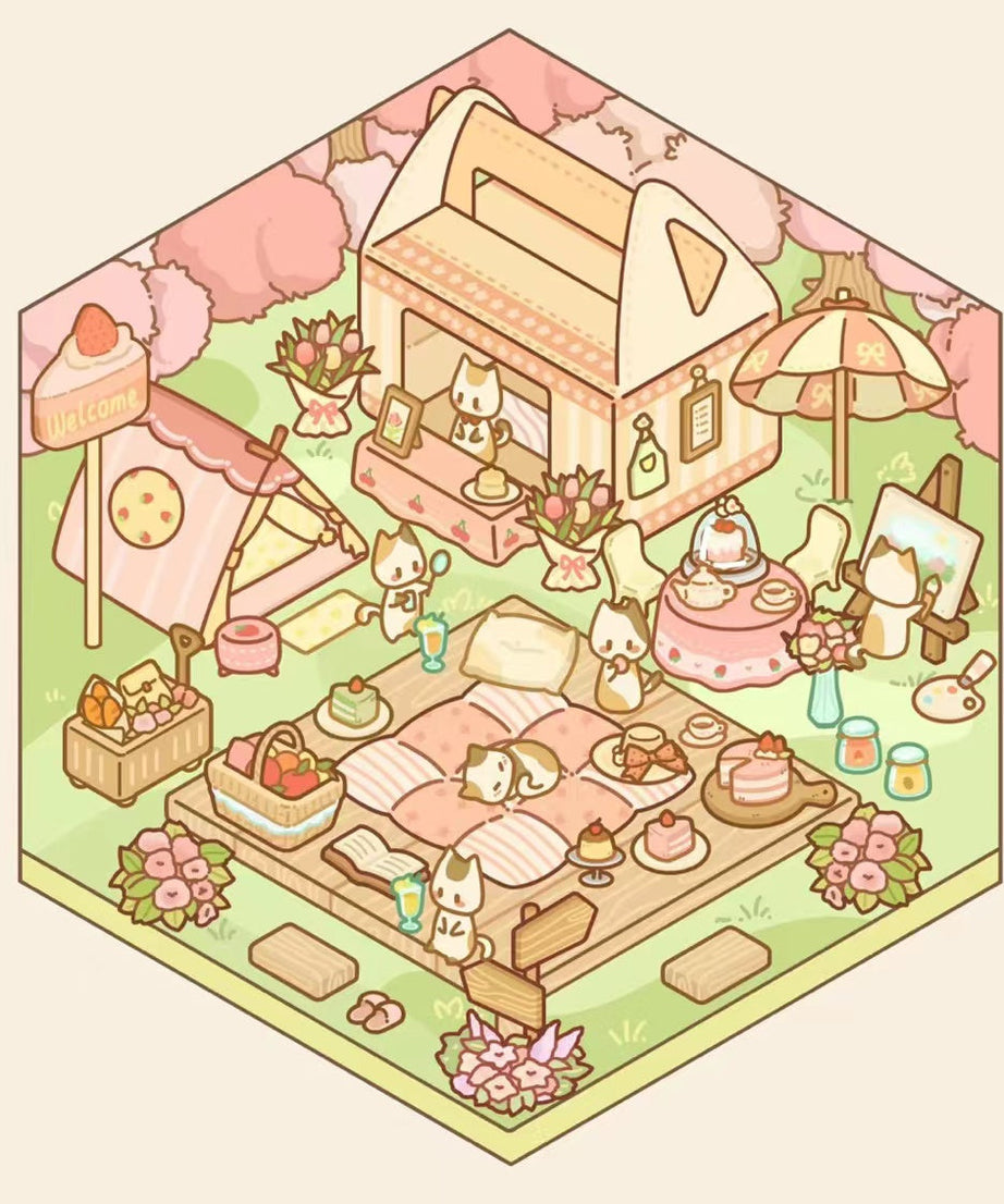 DIY Miniature Sticker Scene,Cat Burger Shop|Ferris Wheel Sushi|Hot Spring|Pizza Shop