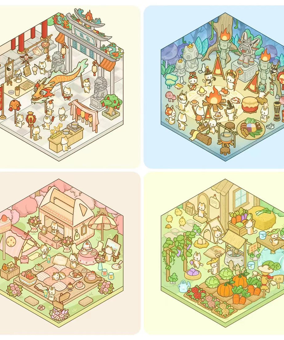DIY Miniature Sticker Scene,Cat Burger Shop|Ferris Wheel Sushi|Hot Spring|Pizza Shop