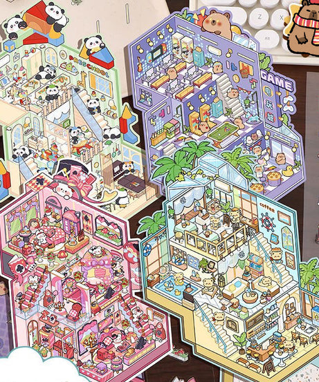 Playing Game DIY 3D Scene Stickers - 4 Cute Miniature Scenes