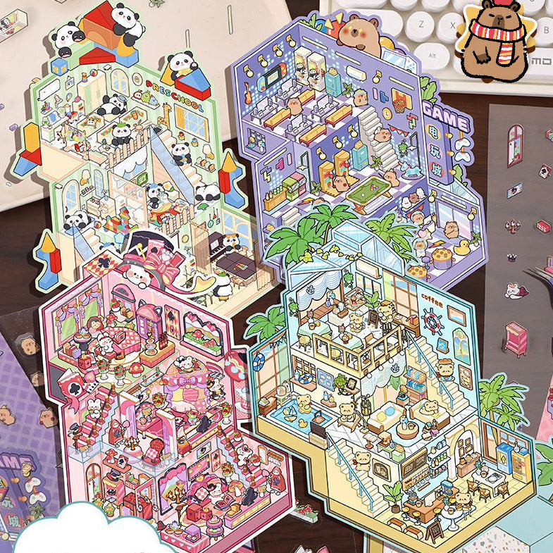 Playing Game DIY 3D Scene Stickers - 4 Cute Miniature Scenes