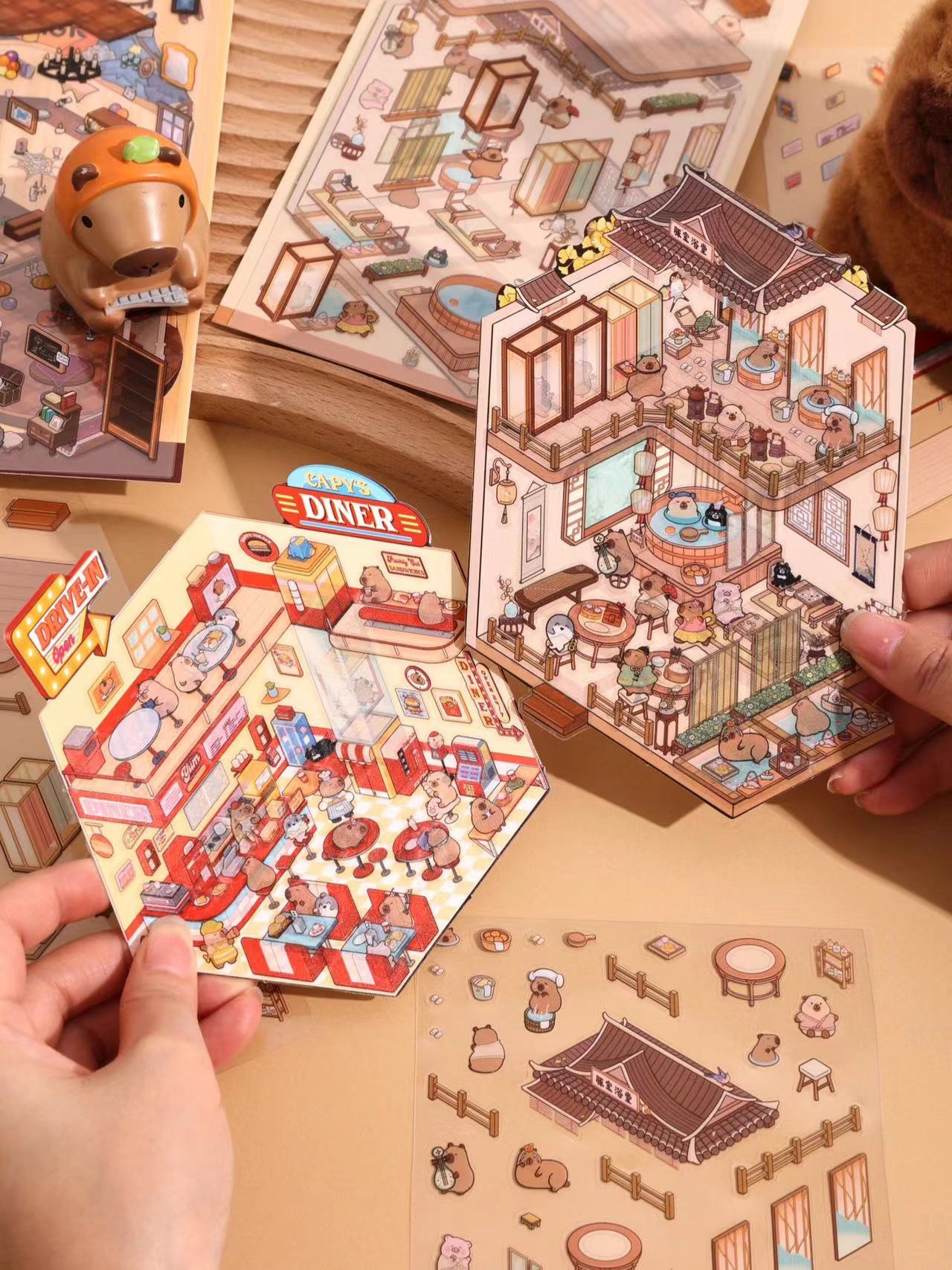 Capybara World DIY 3D Scene Stickers 4 Cute Miniature Scenes
