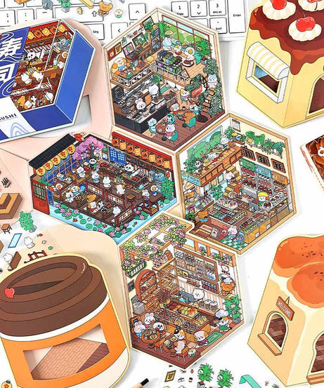 Fun Dessert House  DIY 3D Scene Stickers - 4 Cute Miniature Scenes