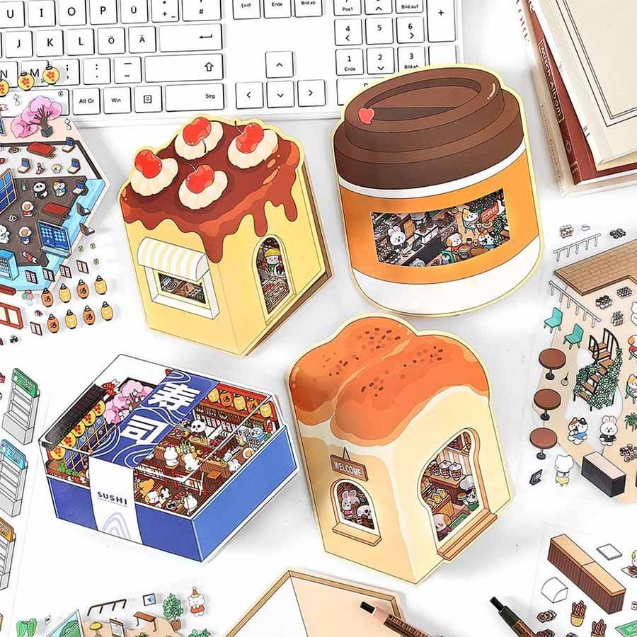 Fun Dessert House  DIY 3D Scene Stickers - 4 Cute Miniature Scenes