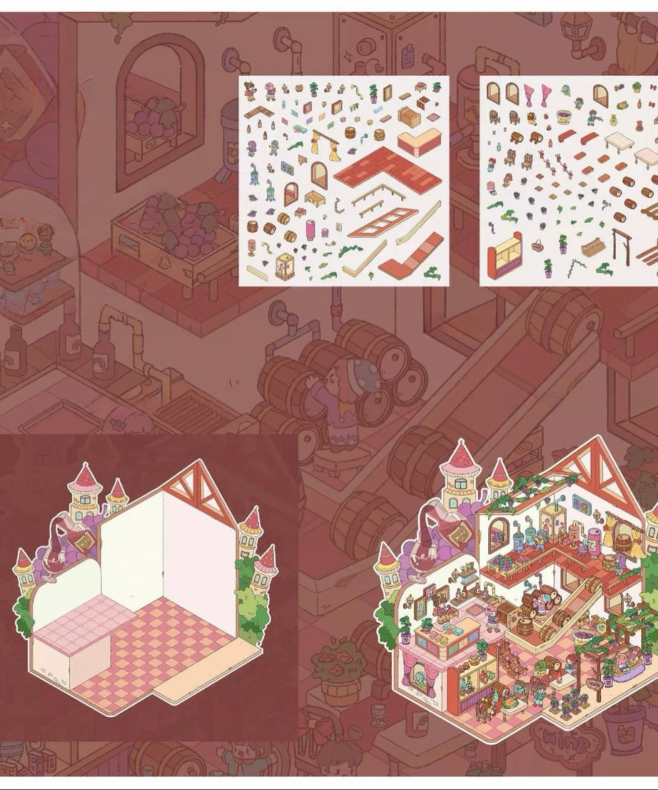 DIY Miniature 3D Sticker Scene Wine Estate Warm House Rave Party Walled City Ruins