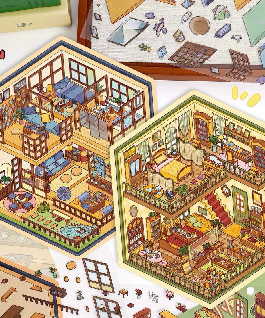 3D Scene Sticker French Japanese Cottage Plant House