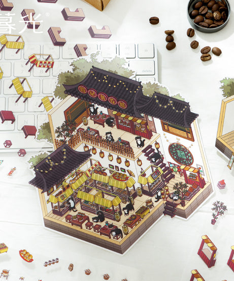 Panda Village 3D Sticker Scene: Night Markets & Hot Spring Inns