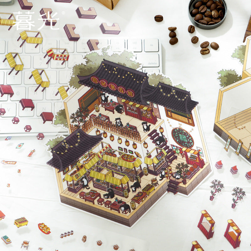Panda Village 3D Sticker Scene: Night Markets & Hot Spring Inns