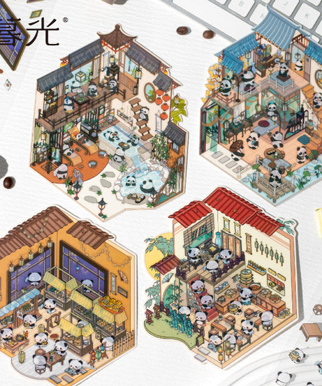 Traditional Chinese Panda 3D Sticker Scene Collection: Tea House, Night Market, Hot Spring Inn & Autumn Bookstore