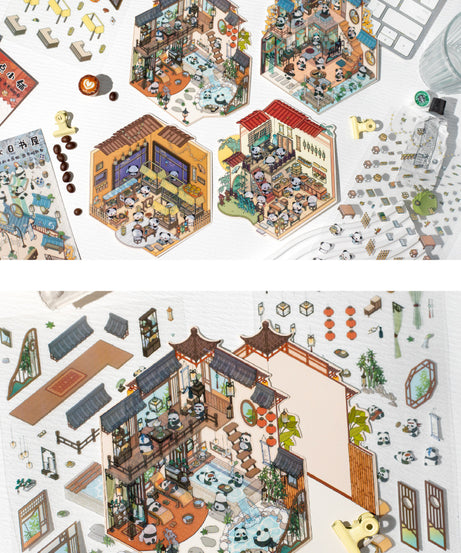 Traditional Chinese Panda 3D Sticker Scene Collection: Tea House, Night Market, Hot Spring Inn & Autumn Bookstore