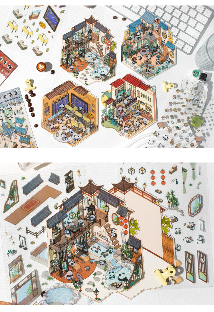 Traditional Chinese Panda 3D Sticker Scene Collection: Tea House, Night Market, Hot Spring Inn & Autumn Bookstore