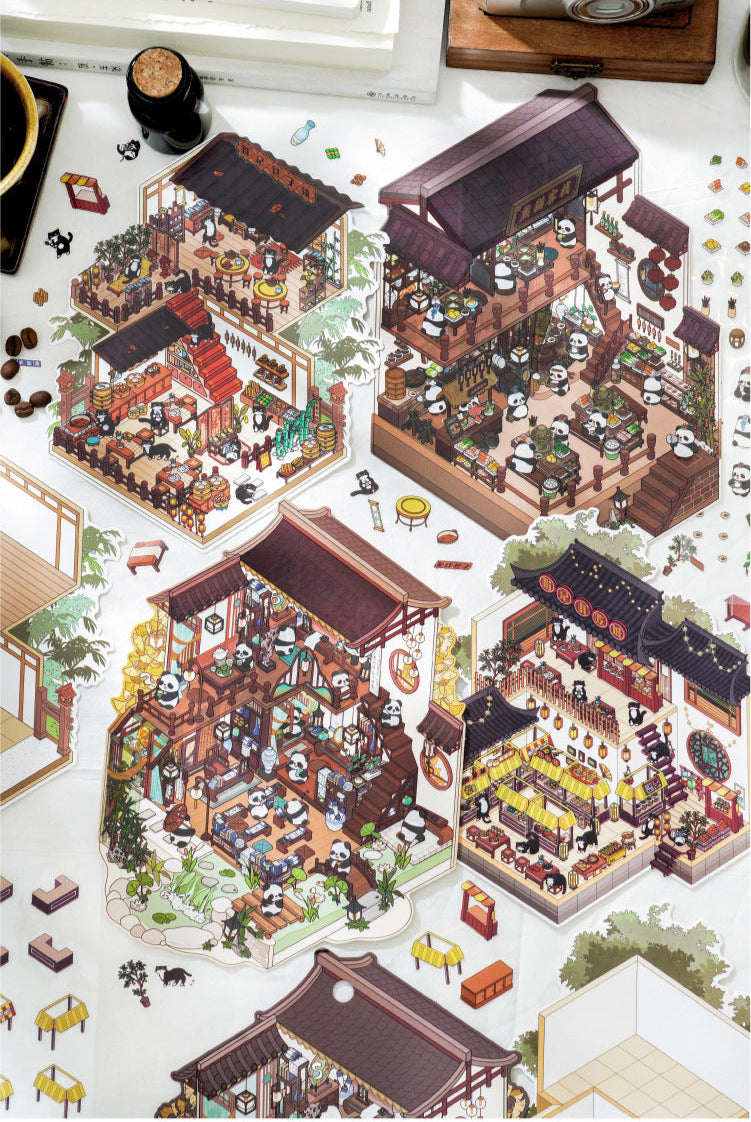 Panda Village 3D Sticker Scene: Night Markets & Hot Spring Inns