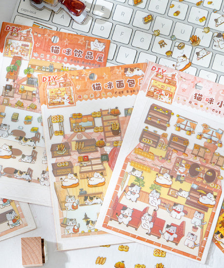 Enchanted Cat Bakery 3D Sticker Scene: Bread Houses & Dessert Book Cafes