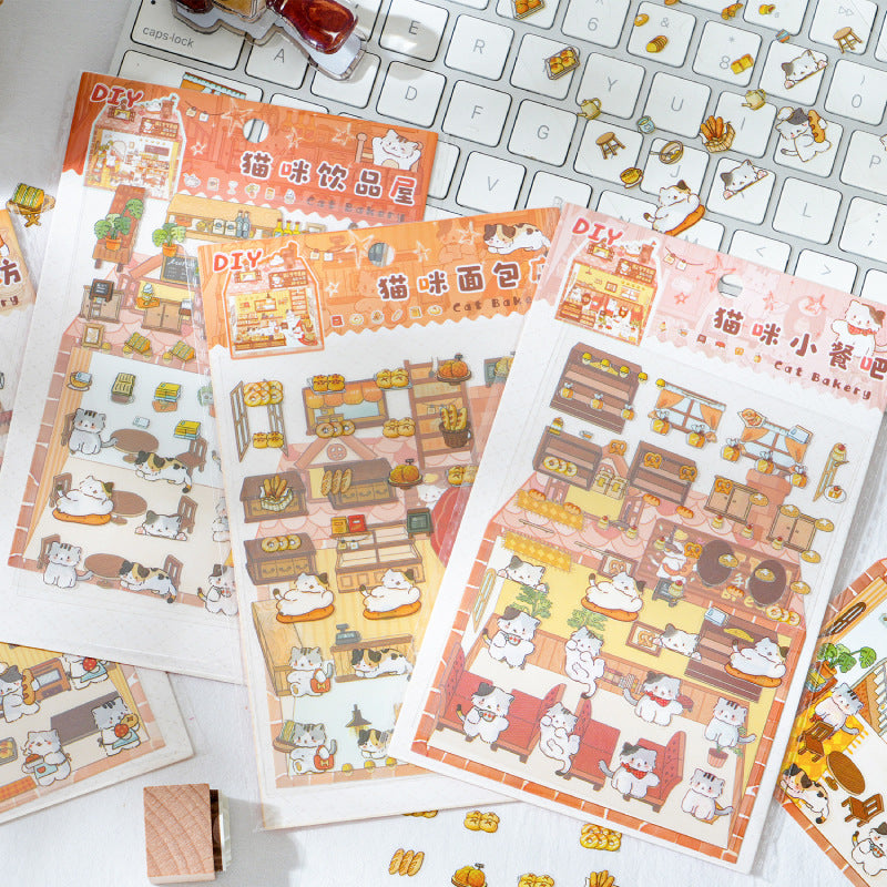 Enchanted Cat Bakery 3D Sticker Scene: Bread Houses & Dessert Book Cafes