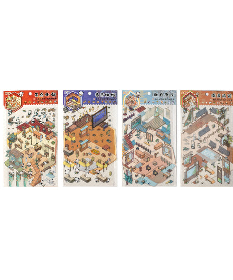 Traditional Chinese Panda 3D Sticker Scene Collection: Tea House, Night Market, Hot Spring Inn & Autumn Bookstore
