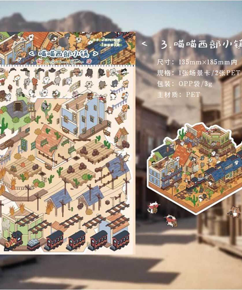 Cat City DIY 3D Scene Stickers - 4 Cute Miniature Scenes