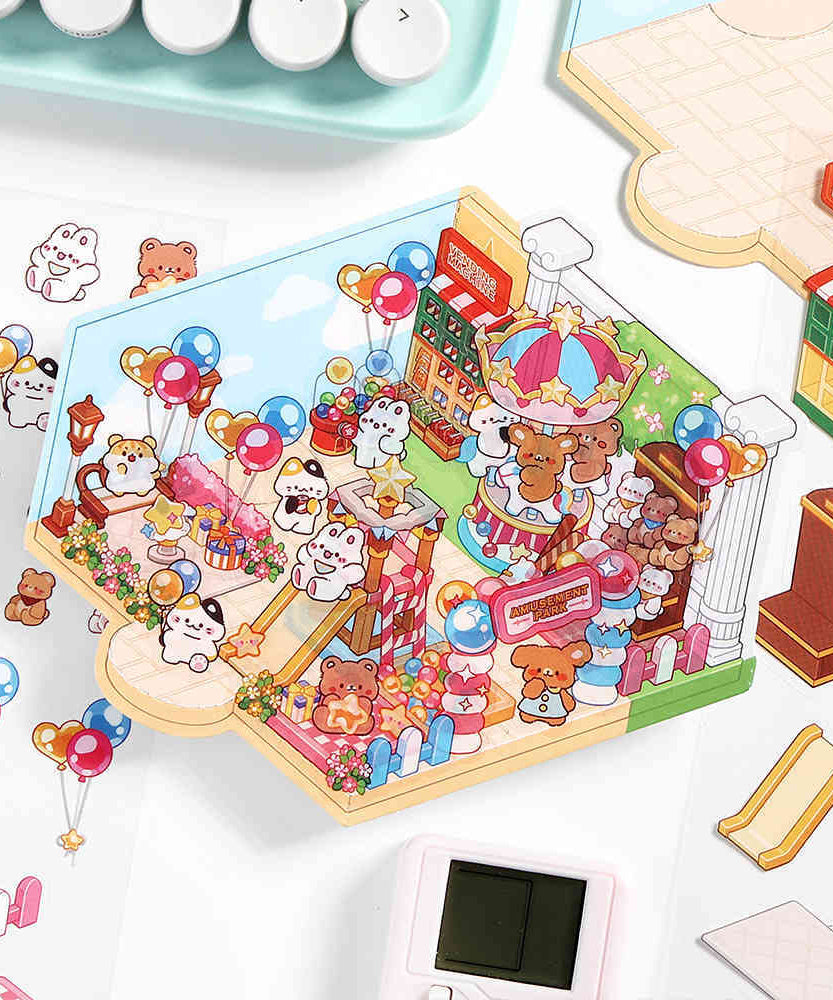 Happy Park DIY 3D Scene Stickers - 4 Cute Miniature Scenes