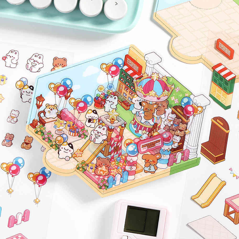 Happy Park DIY 3D Scene Stickers - 4 Cute Miniature Scenes
