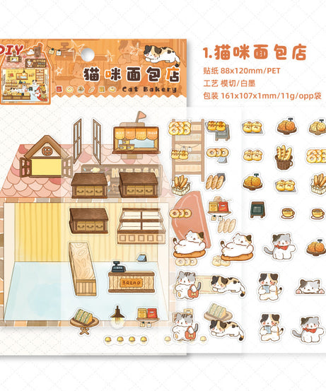 Enchanted Cat Bakery 3D Sticker Scene: Bread Houses & Dessert Book Cafes