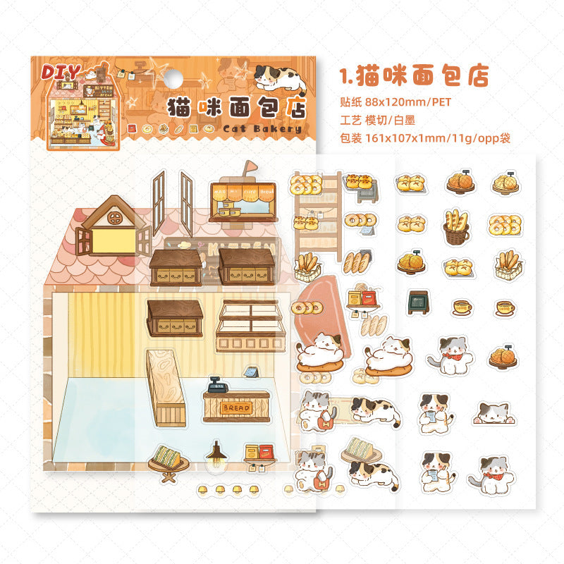 Enchanted Cat Bakery 3D Sticker Scene: Bread Houses & Dessert Book Cafes