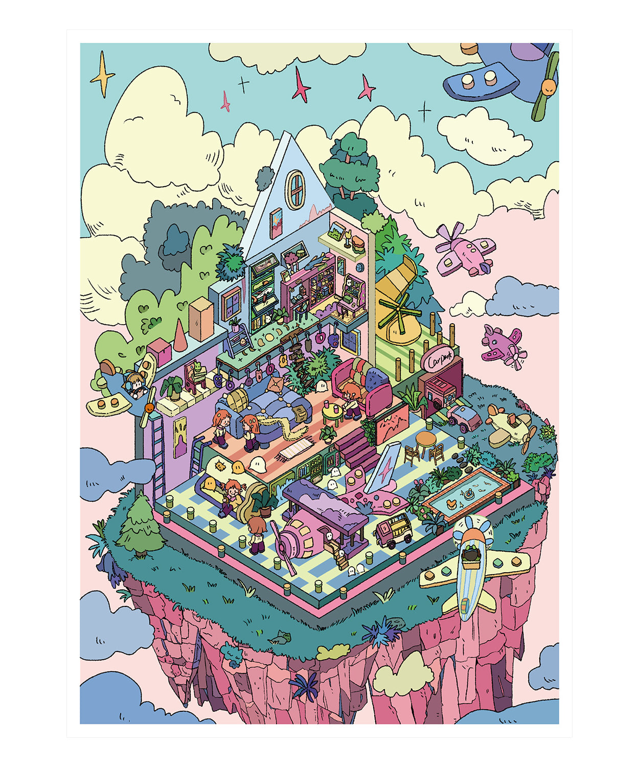Floating Wonders 3D Sticker Scene: Celestial Islands Miniature Shops Collection