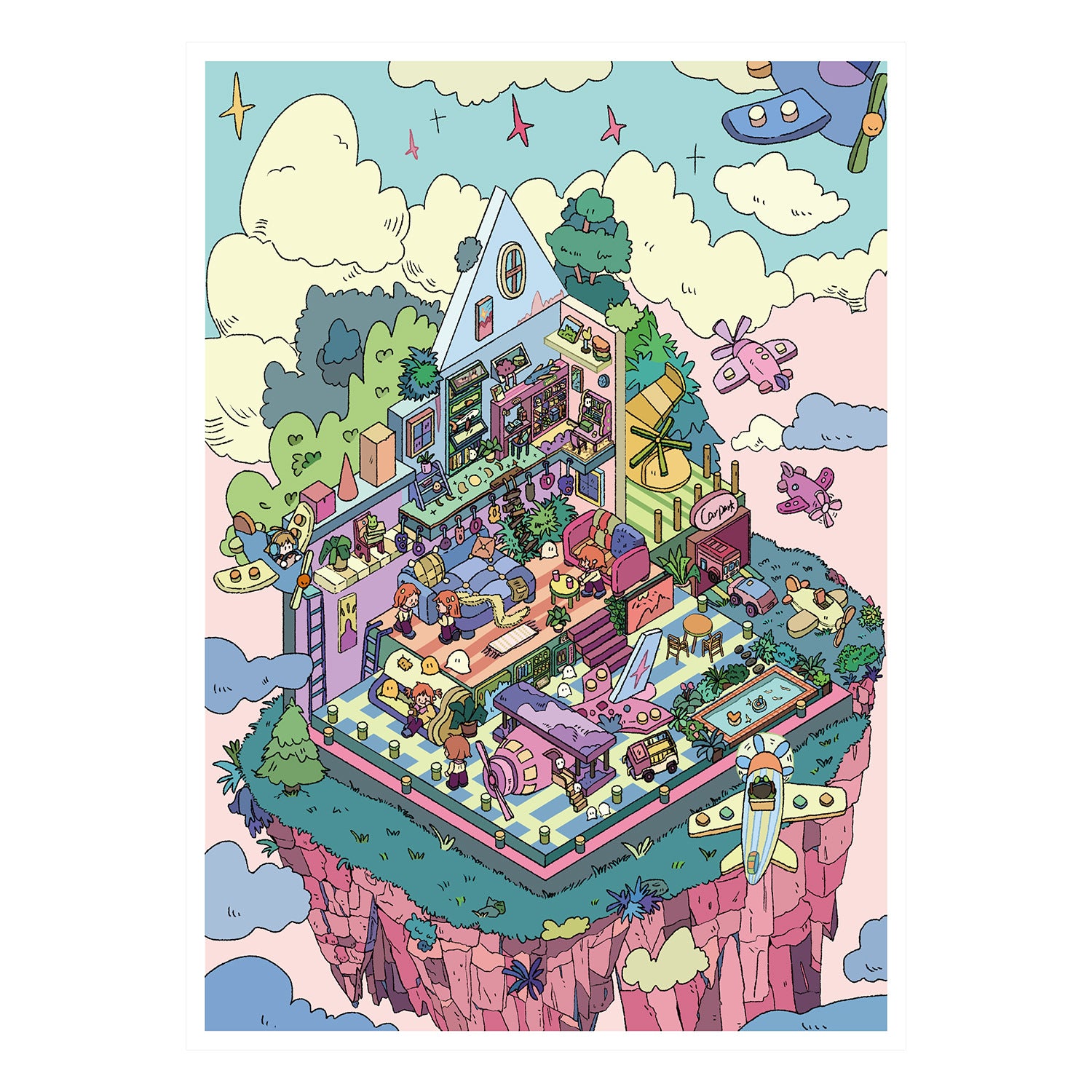 Floating Wonders 3D Sticker Scene: Celestial Islands Miniature Shops Collection