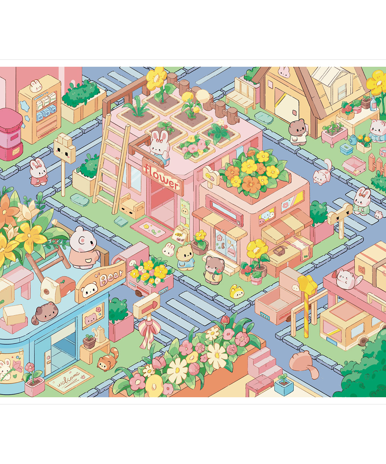 Festive Outdoors 3D Sticker Scene: Campsite Bonfires Floral Town Square