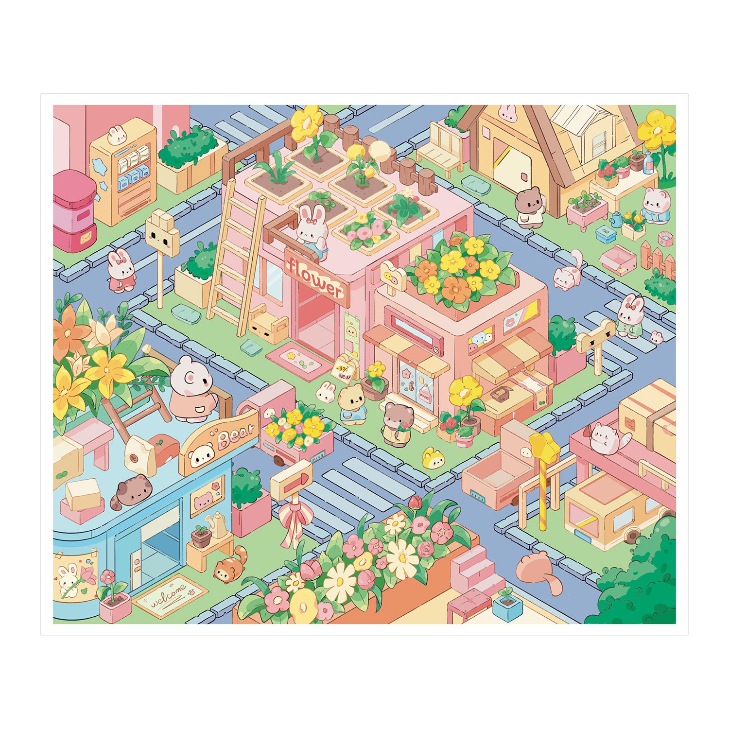 Festive Outdoors 3D Sticker Scene: Campsite Bonfires Floral Town Square