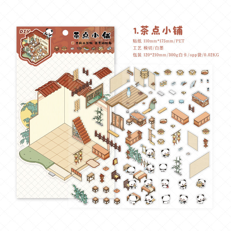 Traditional Chinese Panda 3D Sticker Scene Collection: Tea House, Night Market, Hot Spring Inn & Autumn Bookstore