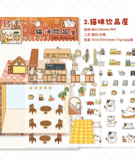 Enchanted Cat Bakery 3D Sticker Scene: Bread Houses & Dessert Book Cafes