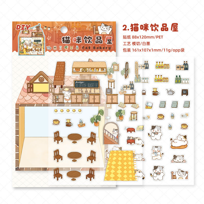 Enchanted Cat Bakery 3D Sticker Scene: Bread Houses & Dessert Book Cafes