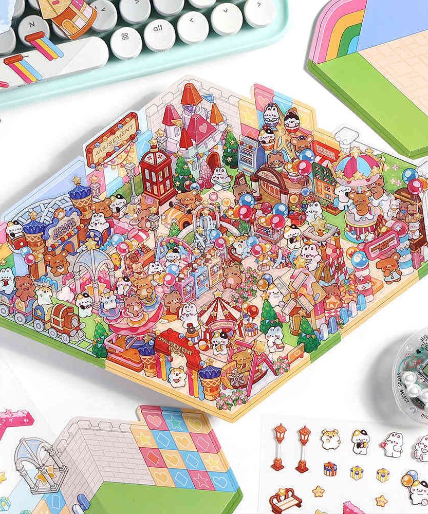 Happy Park DIY 3D Scene Stickers - 4 Cute Miniature Scenes
