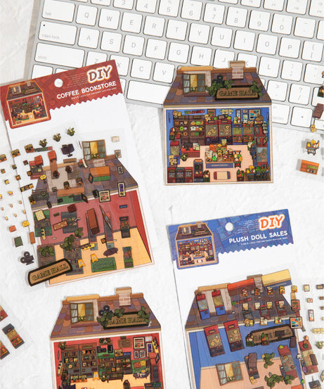 Micro-Diorama Collector's Pack DIY 3D Scene Stickers Miniature Bookshelf & Stuffed Friends
